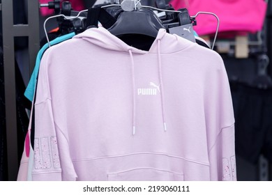 Tyumen, Russia-August 12, 2022: Puma Logotype On Clothes In A Sports Store. Selective Focus