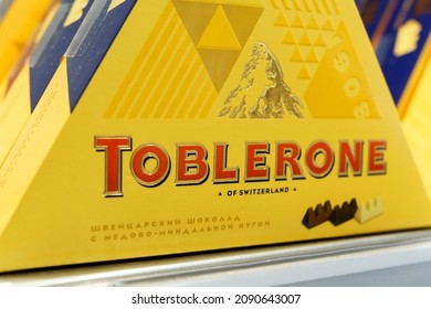 Tyumen, Russia-December 02, 2021: Swiss Milk Chocolate Toblerone. Made By Kraft Foods.