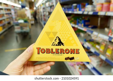 Tyumen, Russia-December 02, 2021: Swiss Milk Chocolate Toblerone. Made By Kraft Foods.