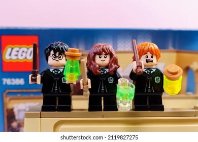 Tyumen, Russia-January 12, 2022: Harry Potter, Ron Weasley And Hermione Granger, Minifigures. Selective Focus