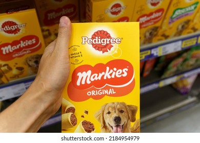 Tyumen, Russia-June 30, 2022: Pedigree markies Petfoods dog food, selective focus. Buying goods in the supermarket