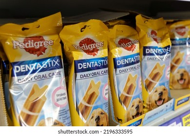 Tyumen, Russia-June 30, 2022: Pedigree DentaStix Petfoods Dog Food, Selective Focus. Buying Goods In The Supermarket