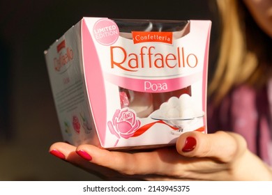 Tyumen, Russia-March 26, 2022: Raffaello Sweets With Rose Flavor. Manufactured By Ferrero SpA