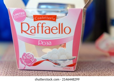 Tyumen, Russia-March 26, 2022: Raffaello Sweets With Rose Flavor. Manufactured By Ferrero SpA