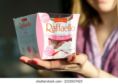 Tyumen, Russia-March 26, 2022: Raffaello Sweets With Rose Flavor. Manufactured By Ferrero SpA