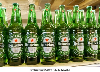 Tyumen, Russia-May 08, 2022: Heineken Lager Beer In Supermarket Is The Flagship Product Of Heineken