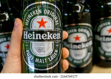 Tyumen, Russia-May 08, 2022: Heineken Lager Beer In Supermarket Is The Flagship Product Of Heineken