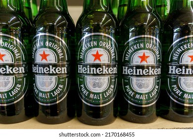 Tyumen, Russia-May 08, 2022: Heineken Lager Beer In Supermarket Is The Flagship Product Of Heineken