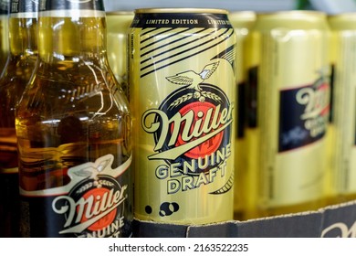Tyumen, Russia-May 08, 2022: Miller Genuine Draft, Miller Brewing Company owned by SABMiller in supermarket. Selective focus