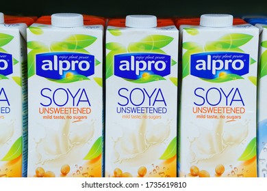 Tyumen, Russia-may 17, 2020: Alpro Soy Milk Supermarket Shelf.