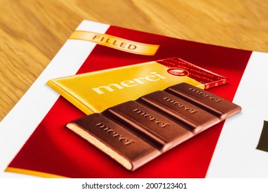 Tyumen, Russia-May 25, 2021: Merci Chocolate Brand Of Chocolate Candy. Logo