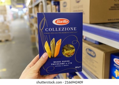 Tyumen, Russia-May 27, 2022: Barilla On A Supermarket. The Barilla Group Produces Several Kinds Of Pasta, Selective Focus