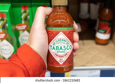 Tyumen, Russia-November 07, 2020: Tabasco Brand Sauce Sriracha Bottle Of The Original Red Sauce, The Products In The Hypermarket