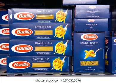 Tyumen, Russia-October 11, 2020: Box Of Pasta Barilla On A Supermarket Shelf. The Barilla Group Produces Several Kinds Of Pasta