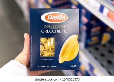 Tyumen, Russia-October 11, 2020: Orecchiette Colazione Barilla On A Supermarket Shelf. The Barilla Group Produces Several Kinds Of Pasta