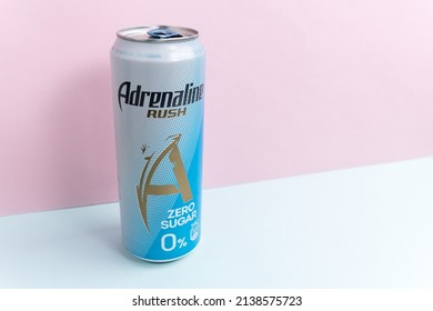 Tyumen, Russia-October 15, 2021: Adrenaline Rush Energy Drink, Metal Can Zero Sugar. Copy Space