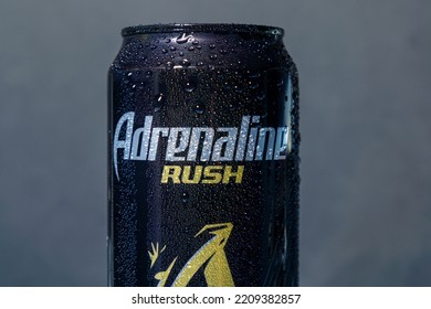 Tyumen, Russia-September 27, 2022: Adrenaline Rush Energy Drink, Metal Can Logo Close Up.