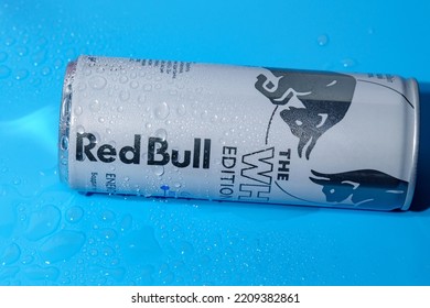 Tyumen, Russia-September 27, 2022: Red Bull Is An Energy Drink Sold By Austrian Company Red Bull GmbH. Red Bull Company Is The Most Popular Energy Brand In The World.