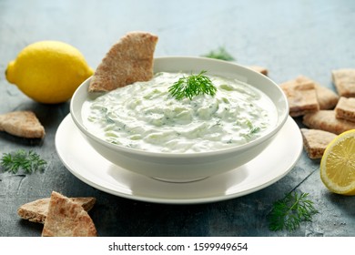 Tzatziki Dip Sauce With Greek Yogurt, Garlic, Dill And Cucumber In White Bowl