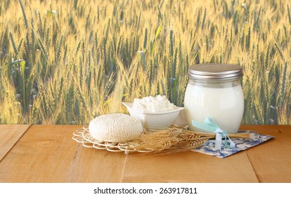 Tzfatit Cheese , Cottage And Milk On Wooden Table  Over Wheat Field At Sunrise Sun Burst  Background.  Jewish Holiday Shavuot Concept