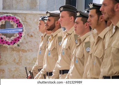 TZUR SHALOM CEMETERY, ISRAEL -  MAY 1, 2017. Soldiers at memorial ceremony on Memorial Day for the Fallen Soldiers of Israel and Victims of Terrorism.