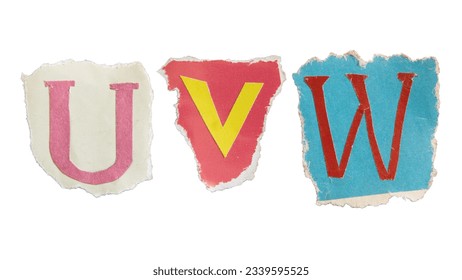 U, V and W alphabets on torn colorful paper with clipping path. Ransom note style letters. - Shutterstock ID 2339595525