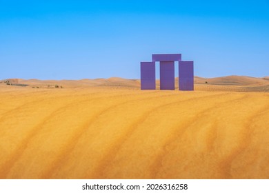 UAE -05-14-2021: Minimalism Landscape With View To Art Installation In Arabian Desert In UAE Close To Lost Village