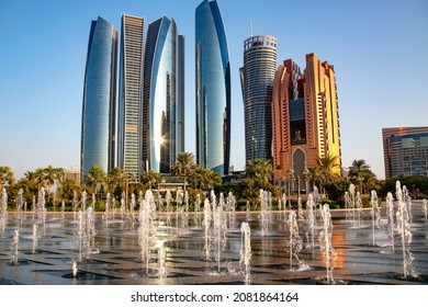 UAE, ABU DHABI, NOVEMBER, 2021 - View of modern multi-storey buildings from the Fountain Square in Abu Dhabi, capital of the United Arab Emirates.