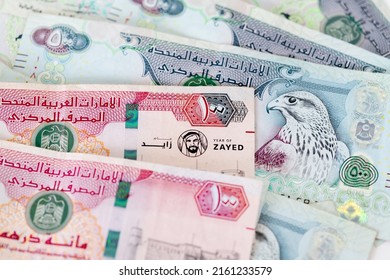 UAE dirhams, paper money, one and five hundred dirhams banknotes, closeup view