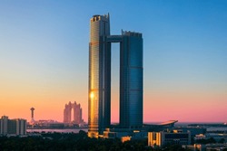 UAE, United Arab Emirates, Abu Dhabi Downtown Panorama And Financial Center Skyline.