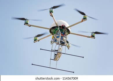 Uav Drone Hexarotor Flying In Blue Sky