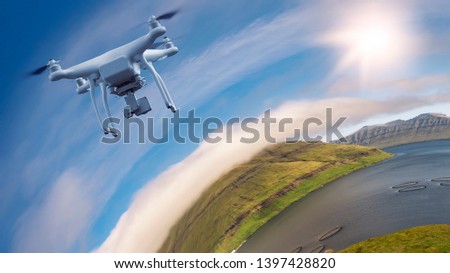 UAV drone multicopter flying with high resolution digital camera over a spherical landscape