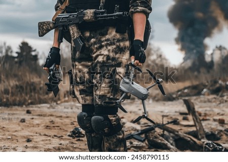 UAV operator with a remote control stands against the background of a destroyed building with black smoke in city. The concept of unmanned technologies in modern warfare. bombing reconnaissance drone