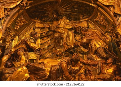 Ubeda, Spain - Feb. 13, 2022: Transfiguration of Jesus at Chapel of the Savior depicting a radiant Christ speaking to Moses and Elijah while apostles Peter, James, John are struck to the ground by awe