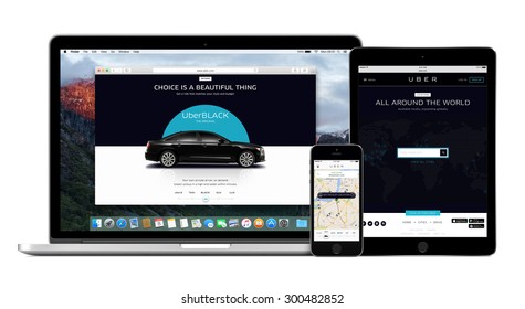 Uber App On The Apple IPhone 5s Display And Desktop Version Of Uber On The Macbook Pro And IPad Air 2 Screens. Multiple Devices Kit. Isolated On White Background. Varna, Bulgaria - February 02, 2015.