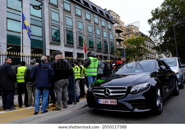 Uber drivers take part in  a protest against\
the local government’s ban on using smartphones when driving in\
Brussels, Belgium on September 30,\
2021.