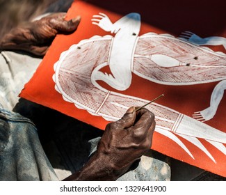 Ubirr, Northern Territory, Australia - July 30 2012: Aboriginal Artist At Work In Kakadu