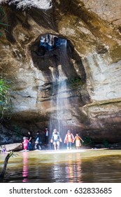 Ubon Ratchathani, Thailand - Jan 2017: Enjoying the unseen Thailand spot of Moonlight Waterfall, part of Pha Tam National Park
