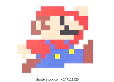 UBON RATCHATHANI, THAILAND - JANUARY 25, 2015: Mario Pixel Art Printed On Poster, Mario Is A Fictional Character In The Mario Video Game Franchise, Created By Nintendo, Illustrative Editorial