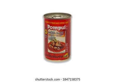 UBON RATCHATHANI, THAILAND-Nov 04, 2020 :POMPUI Brand Mackerels In Tomato Sauce Intense Flavour Isolated On White Background  This Is A Popular Brand In Thailand.