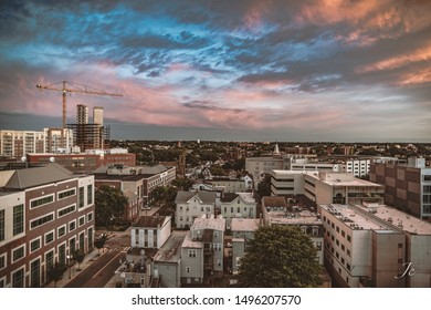 Ubran Sunset With Spectacular Skyline From A Roof-deck Parking Garage In New Brunswick, New Jersey 