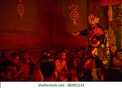 UBUD, BALI / INDONESIA - FEB 27, 2016: Unidentified dancers performing traditional balinese Kecak Trance Fire Dance. Kecak also known as Ramayana Monkey Chant, depicts a battle from the Ramayana.