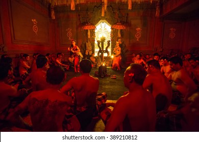 UBUD, BALI / INDONESIA - FEB 27, 2016: Unidentified dancers performing traditional balinese Kecak Trance Fire Dance. Kecak (also known as Ramayana Monkey Chant) is very popular cultural show on Bali.