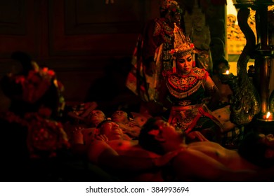 UBUD, INDONESIA - FEB 27, 2016: Unidentified dancers performing traditional balinese Kecak Fire Dance. Was originally a trance ritual, depicts a battle from the Ramayana, dance was developed in 1930s.