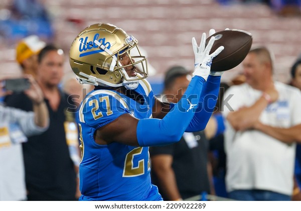 UCLA wide receiver Ashton Authement\
(27) warms up before an NCAA college football game against the\
Washington Friday, Sept. 30, 2022, in Pasadena, Calif.\
