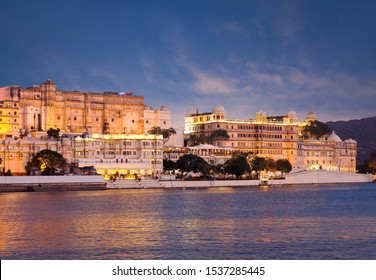 Udaipur City Palace Complex at sunset - view from lake Pichola in Rajasthan state, India - Shutterstock ID 1537285445