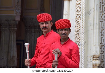 Udaipur, India. August 24, 2017. Guards At The Entrance Of The Citu Palace In Udaipur.