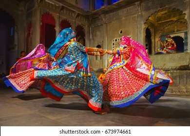 Udaipur, India  - January 29, 2014: Young Indian Women In National Costumes Dance At The Open Festival Of Traditional Rajasthan Culture