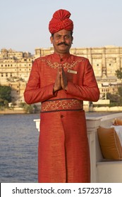 UDAIPUR, INDIA - JUNE 14: Indian Welcome From Unidentified Doorman Of A Luxury Hotel. June 14, 2007 In Udaipur, Rajasthan, India