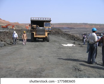 Udaipur, India - June 29, 2020 : A Mines In Dia With Operating Heavy Machinery Equipments And Dump Truck Earthmover.